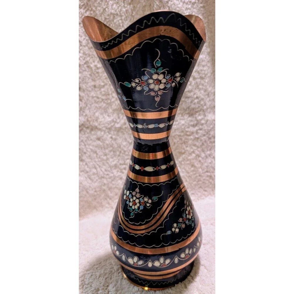 Vintage Turkish Hand Painted Brass Vase 10